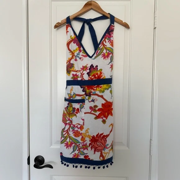 Sur La Table Floral Chinoiserie Apron w/ Pom Pom Trim - Vibrant Kitchen Chic - Picture 2 of 8